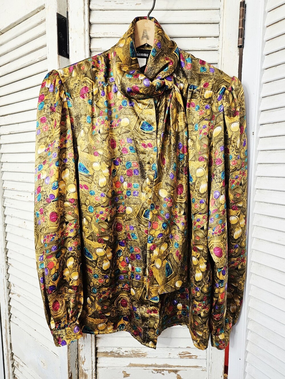 Vintage 80s Gianna Tie Neck Satin Blouse Gold Treasure Trove Print Medium